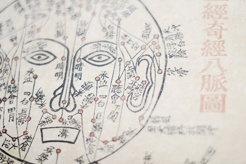 Traditional Chinese acupuncture meridian diagram showing treatment points